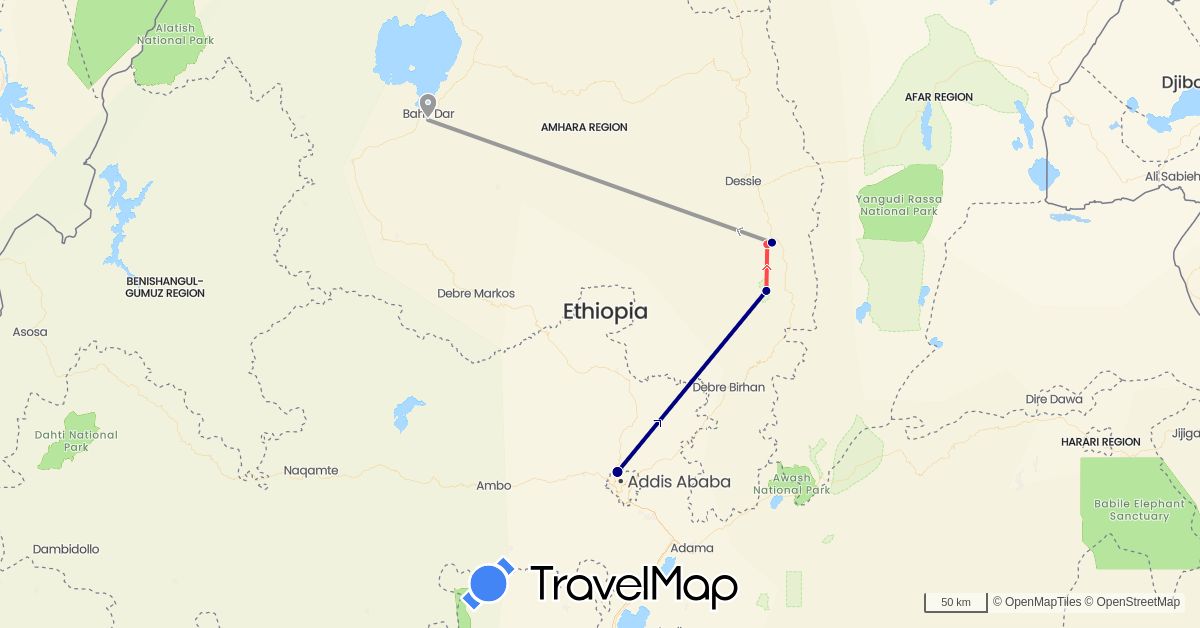 TravelMap itinerary: driving, plane, hiking in Ethiopia (Africa)